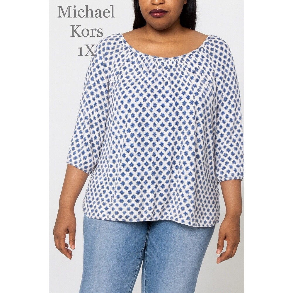MICHAEL KORS Blue White 3/4 Sleeve Women's Stretch Blouse Plus 1X